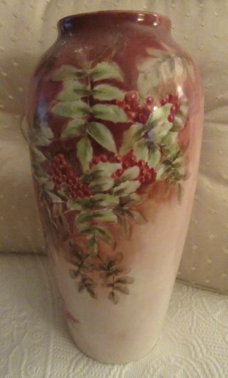 Antique Hand Painted Limoges Vase 11 Inches Tall With Berries And Foliage