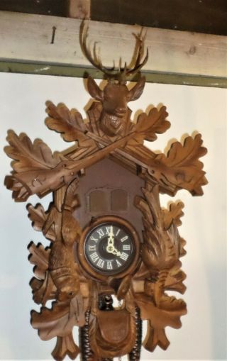 Large German Bachmaier & Klemmer Musical Hunter Deer Carved Cuckoo Clock