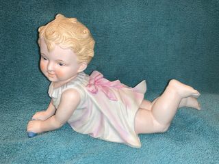 Vintage 11” X 7” Large Bisque Porcelain Piano Baby Girl Pink 23/542