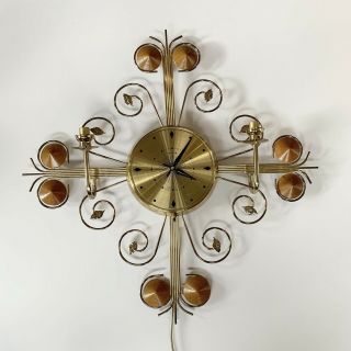 Vintage Mid Century United Wall Clock Atomic Starburst Light Electric Brass Wood