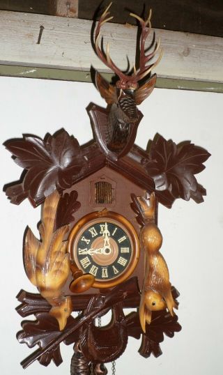 Large Old German Black Forest Carved Hunter Deer Cuckoo Clock