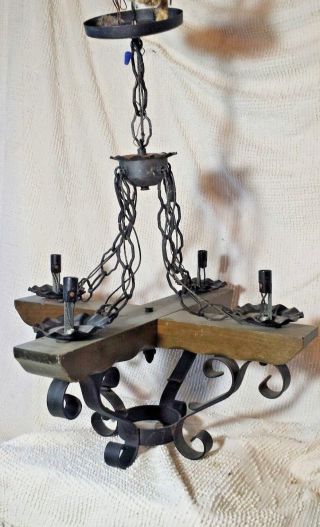 Vtg Wooden Wrought Iron Metal Gothic Medieval Chandelier 4 Light Castle Hanging