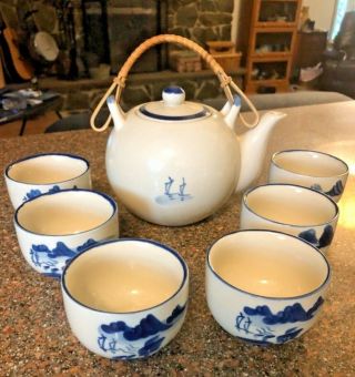 Antique Chinese Blue White Porcelain Tea Set - Made In China Mark - Teapot Cups
