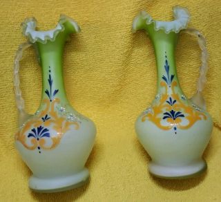 Pair Antique Victorian Hand Blown & Painted Satin Glass Ewer Vase W/handle