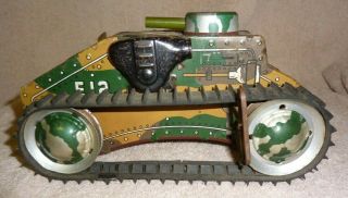 Vintage Marx Tin Litho Wind - Up E - 12 Army Tank With Tracks W/key
