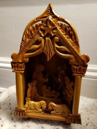 Vtg Virgin Mary Jesus Joseph Hand Carved Holy Land Olive Wood Nativity App 9.  5 "