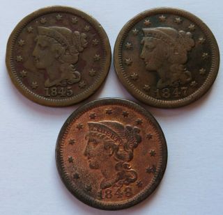 1845,  1847,  1848 Braided Hair Large Cents,  3 Vintage Penny 1c Coins (011227f)