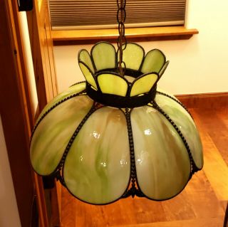Vintage Stain Slag Glass Green White 8 Pedal Flower Hanging Light Fixture 19 "