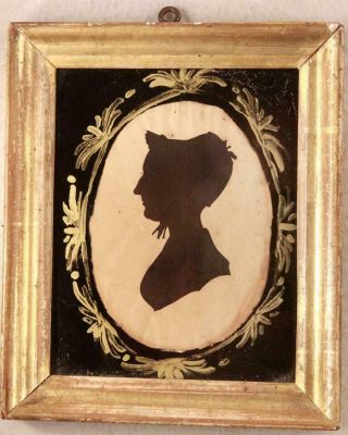 19th Century Antique Victorian Cut Silhouette Portrait Miniature Woman In Bonnet