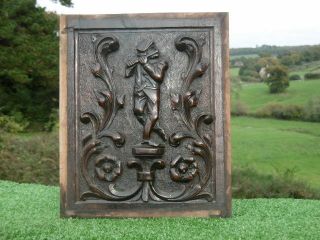 19thc Wooden Oak Carved Panel With Figure Playing Flute C.  1860
