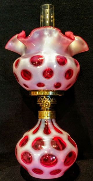 Miniature Antique Cranberry Opalescent Coin Dot Glass Oil Lamp Complete