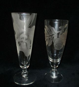 Hawaii 2 Vintage Etched Beer Glasses Ulu 7 3/4 " Orchid 8 1/2 " Tiki Bar Barware