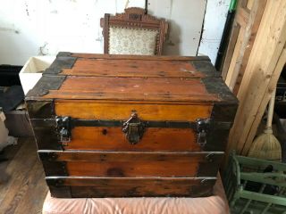 Vintage Steamer Trunk Solid Wooden Flat Top Chest 19  Tallx19longx15wide