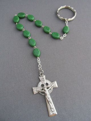 Vintage Chapel Sterling Irish Celtic Ceramic Shamrock Bead Rosary Keychain