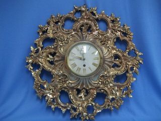 Vintage Syroco Hollywood Regency Gold Wall Clock 8 Day Jeweled Wind Key H105 Mcm
