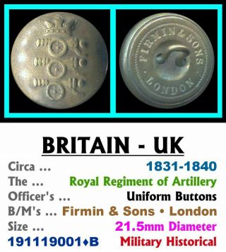 Uniform Button • Britain - Uk • Royal Regiment Of Artillery • 1831 • 191119001•b