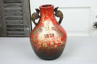 Red Olive Oil Pottery Jar Container Bulbous Large Olio Di Olive 1818 Iron Handle