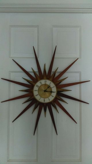 Vintage Retro Elgin Starburst Sunburst Wood Brass Wall Clock Mid Century Modern