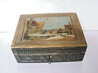 Russian Antique Carved & Painted Wooden Box With Winter Scene / Key
