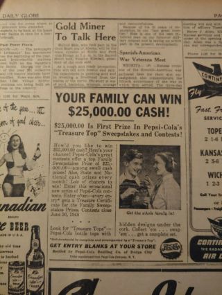 May 17,  1948 Newspaper Page J7627 - Pepsi - Cola Sweepstakes,  Canadian Ace Beer
