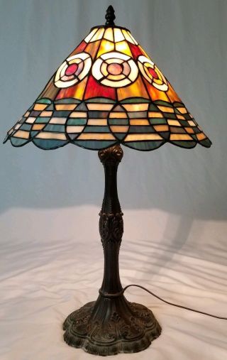 Vintage Tiffany Style Lamp Stained Glass With Cast Iron Base Art Nouveau
