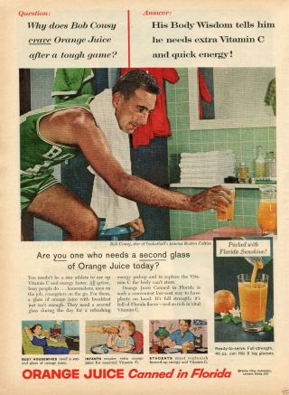 1957 Florida Citrus Commission Orange Juice Bob Cousy Boston Celtics Print Ad