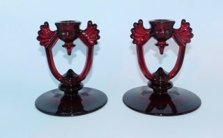 Vintage Ruby Red - Martinsville,  Moondrops Pattern Candle Holders