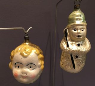 2 Antique Vintage Glass Christmas Ornaments Angel Girl Head & Snowman W Broom