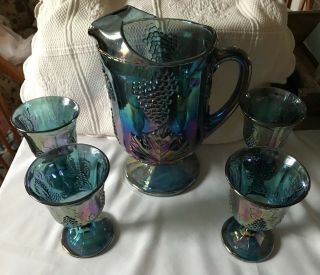 Vintage Carnival Glass Pitcher And 4 Goblets Indiana Grape Harvest Blue