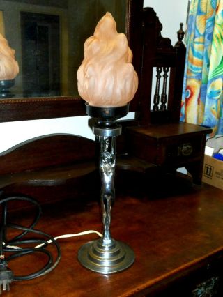 Vintage Art Deco Lady Dianna Lamp With Pink Glass Flame Top