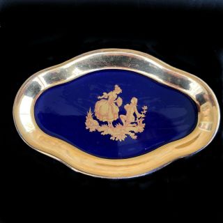 Vtg Limoges France Cobalt Blue & Gold Porcelain Trinket Dish Courting Couple