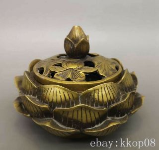 Old China Antique Brass Copper Handmade Lotus Incense Burner Qinalong Mark