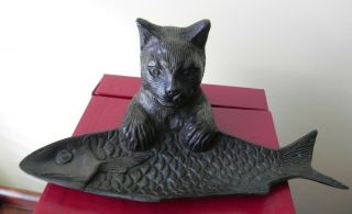 Antique French Art Deco Bronze Cat With Fish Pen Tray Holder Trinket Dish Figure