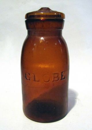 Antique 8 " Amber Glass " Globe " Fruit Jar W/ Glass Lid Patent May 25 1886 43/56