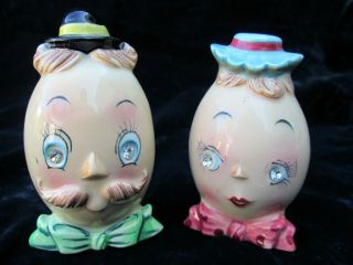 Vintage Lefton Anthropomorphic Rhinestone Eyes Boy Girl Egg Salt Pepper Shakers
