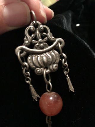 Large Antique Chinese Silver Basket Flowers With Carnelian Bead Pendant