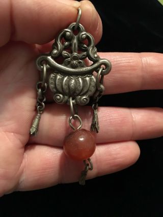 LARGE Antique Chinese Silver Basket Flowers with Carnelian Bead Pendant 2