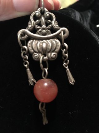 LARGE Antique Chinese Silver Basket Flowers with Carnelian Bead Pendant 3