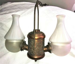 Antique 2 Burner Hanging Copper Oil Lamp Lantern By Angle Mfg N.  Y.