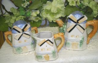 Antique Cottage Ware Windmill Teapot Cream Pitcher Sugar Bowl Set/3