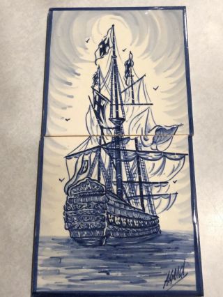 Vintage Azupal Pombal Portugal Hand Painted Blue & White 2 Piece Tile Tall Ship
