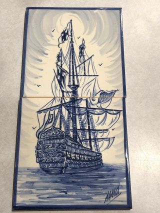 Vintage Azupal Pombal Portugal Hand Painted Blue & White 2 Piece Tile Tall Ship 2