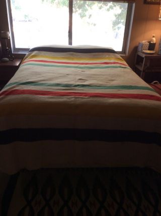 Vtg Trapper Point 4 Stripe Wool Camp Blanket Bed Spread 76 X 92 Cabin Hudson Bay