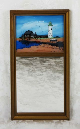 Vintage Federal Style Wall Mirror With Reverse Painted Scituate Lighthouse Mass
