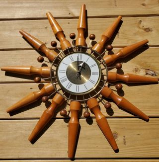 Vintage Seth Thomas Mid Century Atomic Starburst Wall Clock Teak Wood