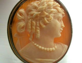 Vintage Silver Shell Cameo Brooch / Pendant Right Facing Lady With Harp O5