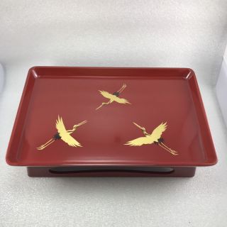 B23 Vintage Japanese Wood Lacquer Tray Stand Gold Makie Flying Crane