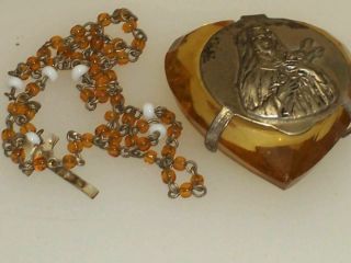 Vintage Amber Color Lucite Heart Pendant Rosary Box W/ Tiny Rosary