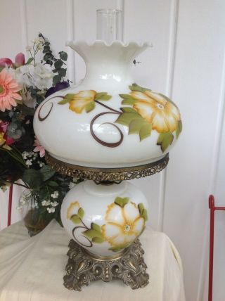 Vintage Hurricane Lamp White With Floral Design 3 Way Lighting Gwtw Large