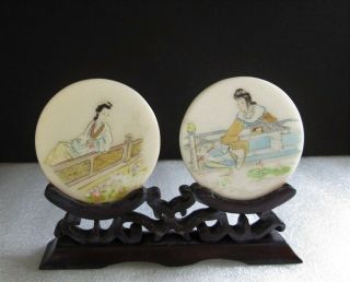 Vtg Chinese Curio Miniature Hand Painted Courtesans Stone Disc Carved Wood Stand